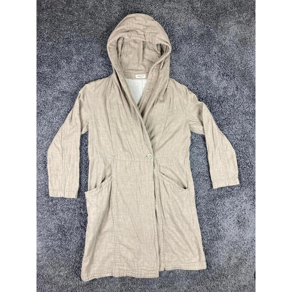 Samansa Mos2 Hooded Wrap Coatigan Long Coat Womens M Beige Cotton Pockets